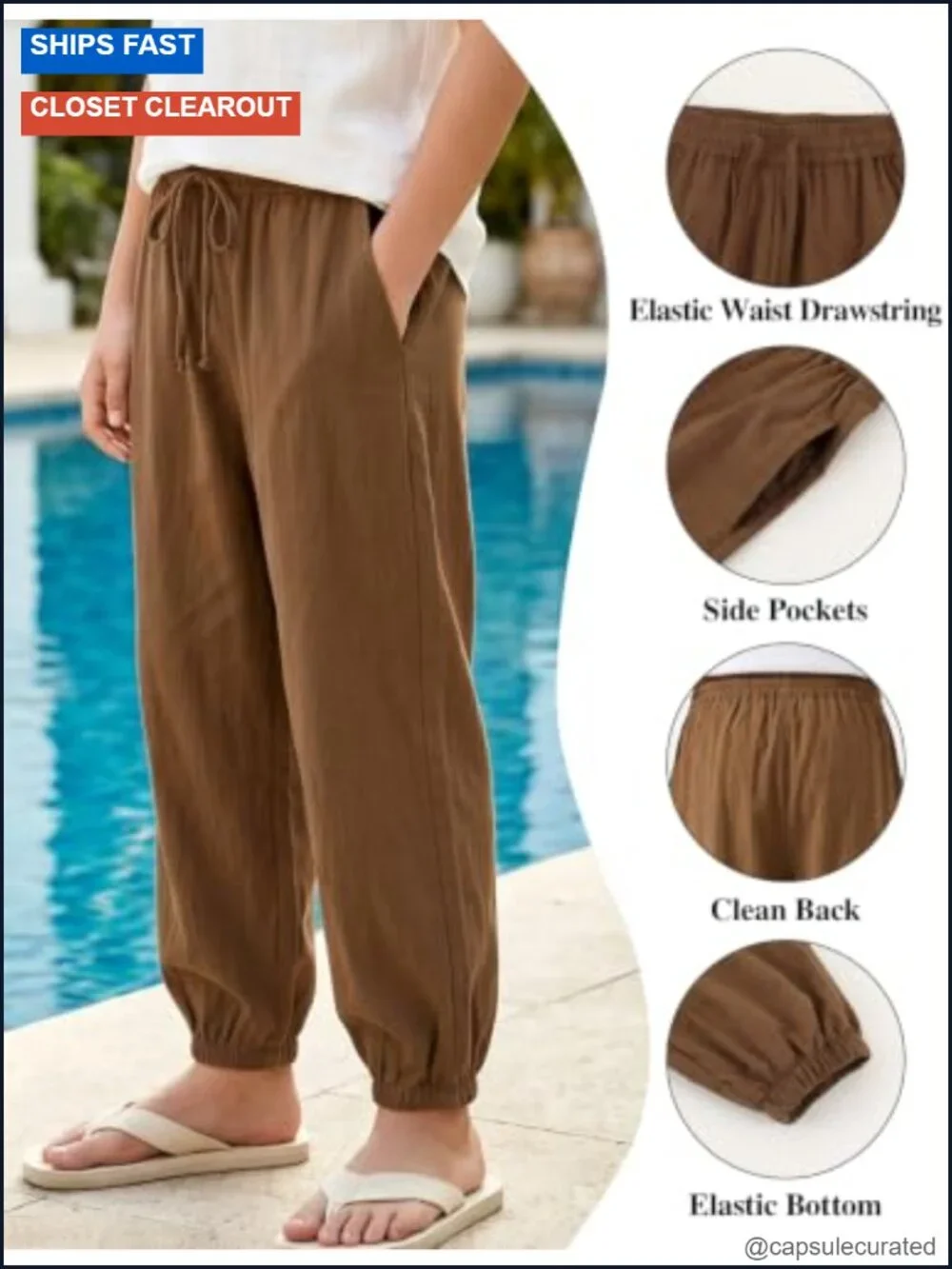 Linen Harem Pants with Elastic Waist and Drawstring